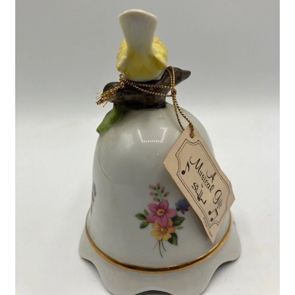 Music Box Porcelain Bell Yellow Bird Figurine‎ Floral Design Decor Made in Japan
